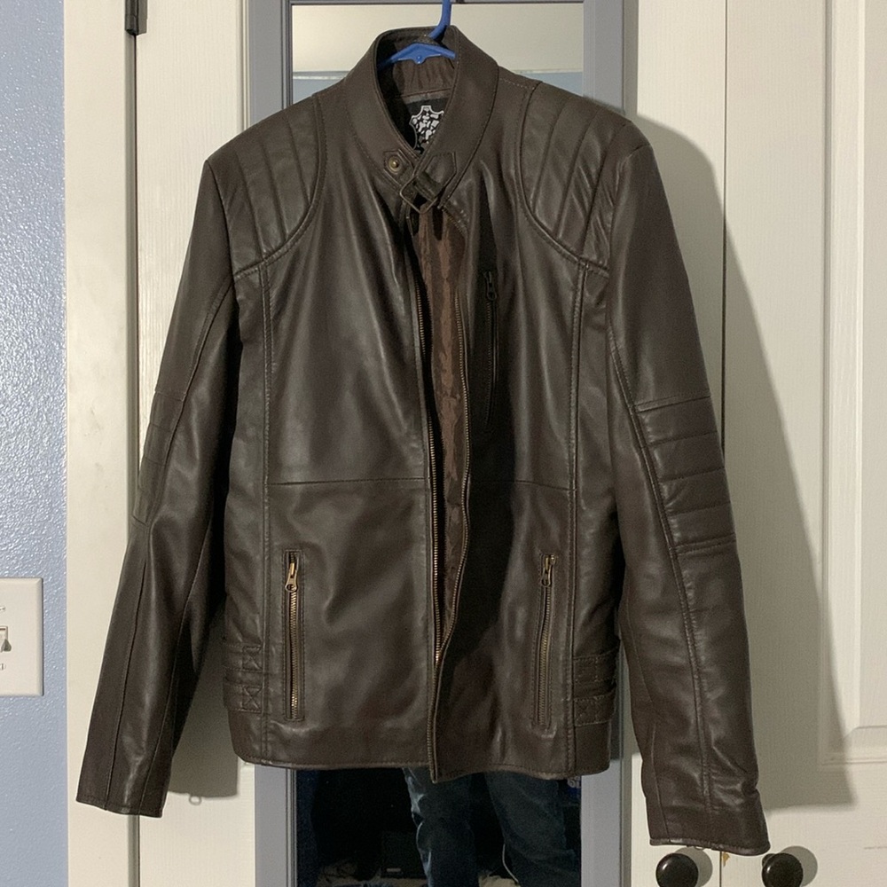 Men's Brown Café Racer Leather Jacket with Padded Shoulders and elbows.